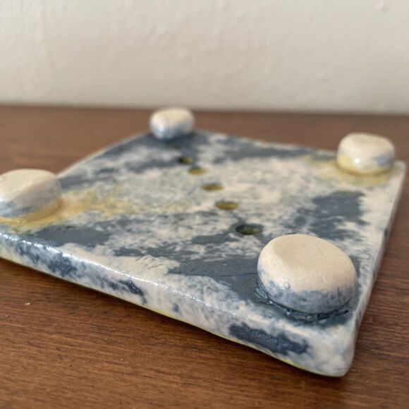 Handmade Pottery Ceramic Soap Dish 3.5‎ Inch Square Yellow Blue Abstract - Picture 4 of 7